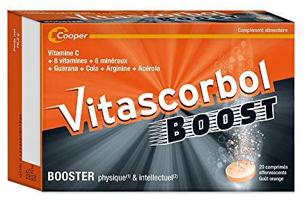 VITASCORBOL - Complément alimentaire multivitamines - Booster physique et intellectuel - 20 comprimés effervescents goût orange