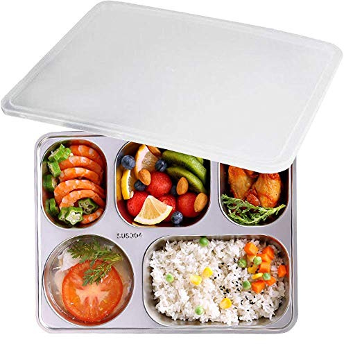 AIYoo Boîte à repas type bento en acier inoxydable 304 avec 3 Compartiment et couvercle, pour étudiants, adultes, enfants, pique-niques, plateaux, restaurants, Acier inoxydable, Silver, 5 Compartment