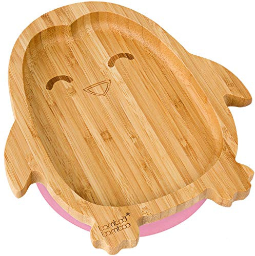 bamboo bamboo Baby Teller Kinderteller, Kindergeschirr mit Saugnapf, Sugnapf Teller Baby ab 6 Monaten (Pinguin, Rosa)