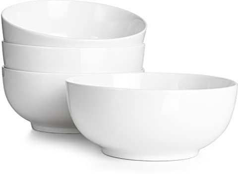 DOWAN 39 OZ Soup Bowls Set of 4 - Large Cereal Bowls, White Ceramic Big and Deep Ramen Bowls for Noodle, Pasta, Salad, Mixed Fruit - Dishwasher & Microwave Safe
