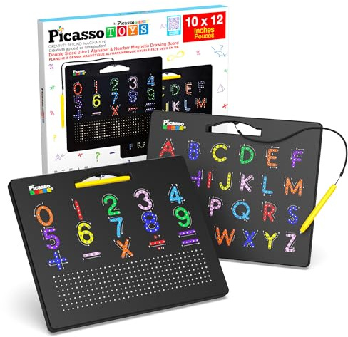 PicassoTiles 2in1 Tavola da Disegno Magnetica Giocattolo 30x25 cm Grande Cuscinetto Magnetico con Lato Alfabeto e Matematica in Nero STEM Tavola Educativa per Scrittori Gioco Riutilizzabile