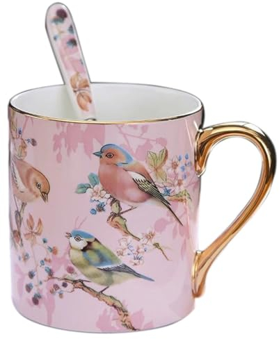 YBK Tech - Tazza da tè in porcellana Bone China, 350 ml, per casa, cucina, ufficio, motivo uccelli (rosa)