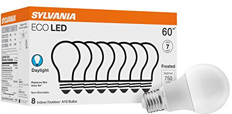 Sylvania ECO LED A19 Light Bulb, 60W Equivalent, Efficient 9W, 7 Year, 750 Lumens, Non-Dimmable, Frosted, 5000K, Daylight - 8 Pack (40883)
