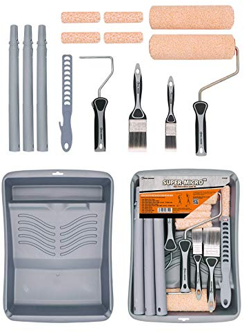 ROLLINGDOG 15-teiliges Farbrolle Set - mit maler teleskopstange Flachpinsel 10,2 cm Farbrolle,Farbrollerabdeckungen,Anschließbare Teleskopstange,Farbwalzenrahmen und Farbrührer