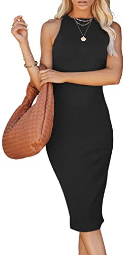 PRETTYGARDEN Women Bodycon Midi Dress 2026 Summer Spring Casual Vacation Sundress Fitted Sleeveless Tank Dresses (Black,Small)