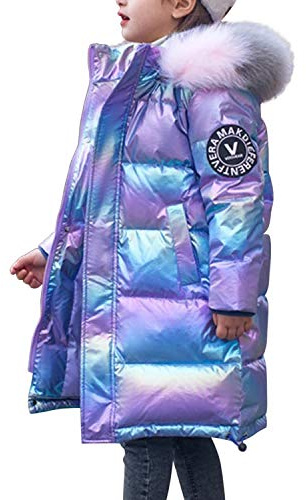 De feuilles Kids Girls Hooded Shiny Down Jacket Winter Warm Casual Quilted Puffer Coat Outerwear with Faux Fur Collar