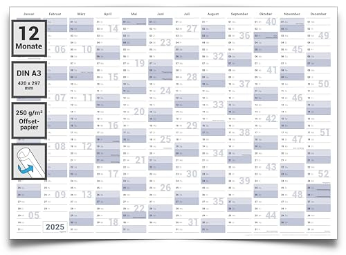 Gigatime Kalender 2025 Wandkalender DIN A3 premium Papier Qualität. Kalender Jahresplaner 2025 ist in deutscher Sprache