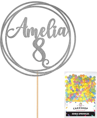 Personalised Round Happy Birthday Glitter Cake Topper by Cakeshop | Custom Colour Any Name & Any Age Glitter Cake Decoration 1st 10th 16th 18th 20th 21st 30th 40th 50th 60th 70th 80th (Dark Silver)