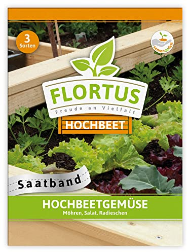 FLORTUS - Hochbeetgemüse Saatgut Saatband Mischung - 3 Saatbänder Sorten für Gemüseanbau - Saatgutmischung für Salat, Möhren & Radieschen - Pflanzen Samen für die Gemüse Anzucht im Hochbeet & Garten