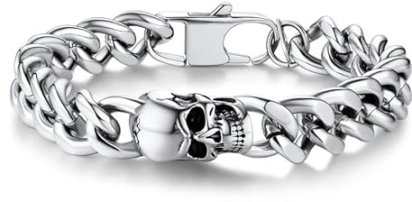 Bandmax Männer Armband Edelstahl Herren Panzerkette Totenkopf Schädel Armband 21cm Herren Punk Skelett Gliederarmband mit Totenköpfen Kettenarmband Gotik Armreif Armkette Armschmuck für Freund