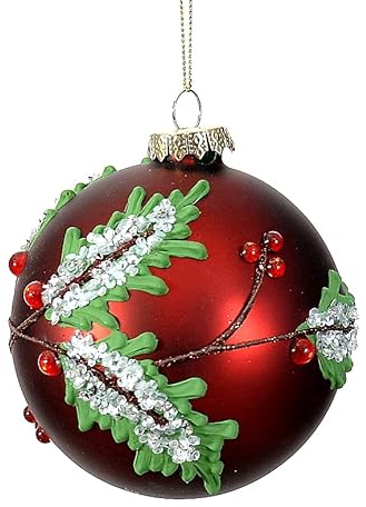 Selección de papelería Varzi desde 1956 - Bola de árbol de Navidad de cristal rojo con rama con hojas y bayas/acebo