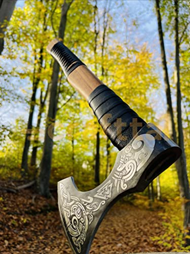 CraftTal-Wikinger Axt und Rabankopf Messer 2in1 Set Beil Axt Hochwertige Wikinger Axt Handgeschmiedet Outdoor Survival Axt mit Leder Schutz