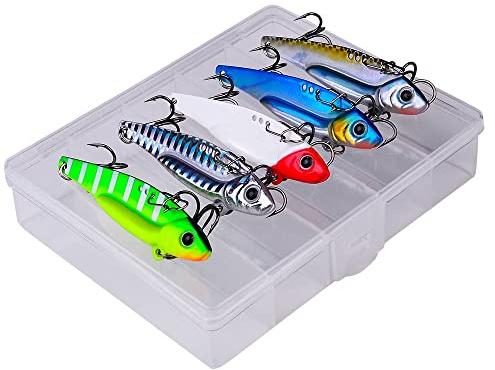 OriGlam 5 señuelos de pesca duros VIB, kit de señuelos de manivela, cebos de hoja de metal, cebos de cuchillas giratorias, señuelos de pesca VIB de metal duro, cucharas de pesca para trucha,