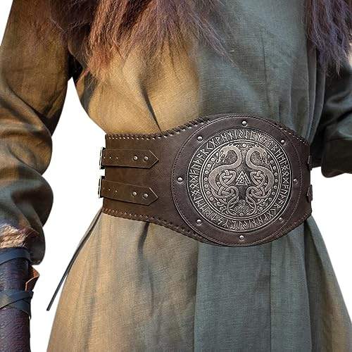 HiiFeuer Viking Präglad Dubbel Drake Midjeväst, Vintage Norse brett bälte i konstläder, Medeltida korsettbälte för legosoldater (brun A)