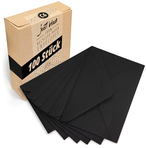 Japun - Briefumschläge (100 Stück) - DIN C6, 162 x 114 mm, schwarz | Kuvert aus 110 g/m² Papier, Umschlag mit Nassklebung ohne Fenster, für Einladungen zum Beschriften und Bedrucken
