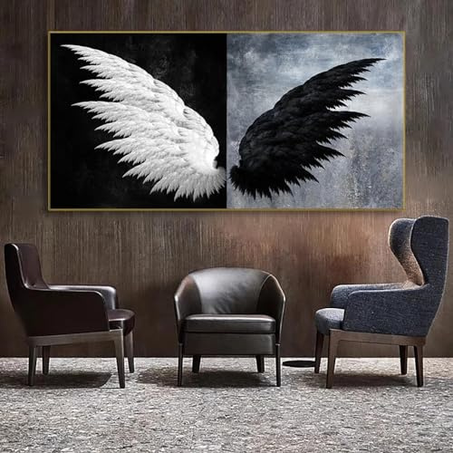 Weiße und schwarze Flügel Leinwand Gemälde Engel und Teufel Feder Bild Für Wohnzimmer Home Wand Dekorative Poster Und Drucke - 60x120cm-Kein Rahmen