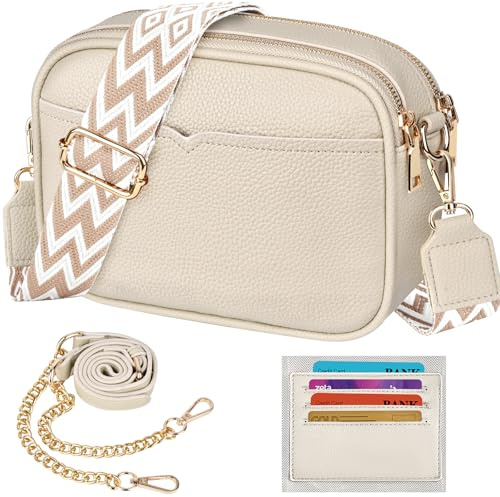 TEUEN Damen-Umhängetasche, Kleine Crossbody Bag PU Leder Elegante Schultertasche mit 2 Abnehmbar Breitem und Kette Schultergurt Handytasche Handtaschen ＆ 4 Geldbeutel Kartenfächer | PU Leder, mit 2 abnehmbaren Schultergurten (Breit & Kette), inklusive 4 integrierter Kartenfächer im Inneren