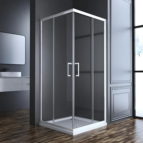 Goezes Weiß Duschkabine Eckeinstieg Schiebetür 80x80x185cm Eckeinstieg Duschkabine Duschabtrennung mit Doppel Schiebetüren Dusche Duschwand 6mm aus ESG Glas, LINKS & RECHTS MONTIERBAR