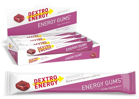 DEXTRO ENERGY GUMS BLACKCURRANT + CAFFEINE - 360 g (8 unidades) - Gominolas veganas, carbohidratos de rápida absorción, para entrenamientos intensos.