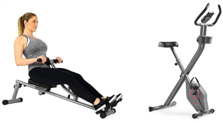 Sunny Health & Fitness 12 Adjustable Resistance Rowing Machine Rower w/Digital Monitor + Smart Folding X-Bike, Portable Compact Exercise Bike for Indoor Cycle, 14-Level Resistance