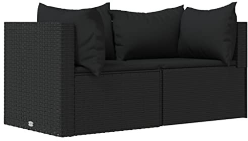 Makastle Modular Gartensofa 2-Sitzer Lounge Sofa mit Kissen, Garten Ecksofa Gartengarnitur Gartenstuhl, Klein Sitzgruppe Gartenlounge Sofa Balkonmöbel, Schwarz Poly Rattan