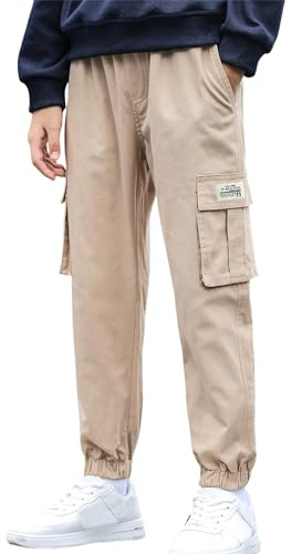 Happy Cherry - Cargobyxor för barn tonåringar lediga arbetsbyxor med elastisk midja barn byxor med flera fickor för sommar vår höst - 7–16 år, khaki, 7-8 år