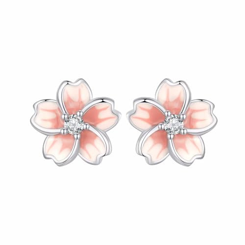 Qings Boucles D'oreilles Clous Cerisier pour Fille en Argent 925, Rose Émail Fleur Boucles d'oreilles Cerisier Hypoallergéniques Bijoux Cadeaux pour Femme Fille