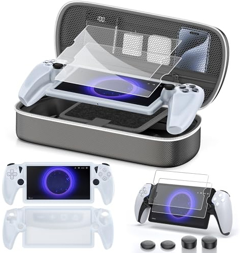 Tokluck 10 in 1 Bundle Accessories Kits for PS5 Portal Remote Player, Portable Hard Shell Carrying Case with Hard PC Clear Skin Cover, 2 Packs Tempered Glass Screen Protector & 4 Thumb Grips Included