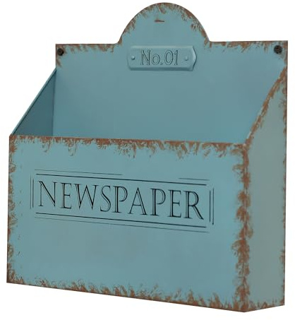 Newspaper Wall Basket Vintage Style Blue Wall Mounted Magazine Rack Kitchen Home Office Hallway Wall Storage Accessory with Distressed Effect Finish