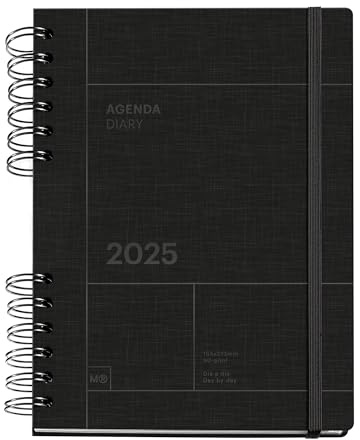Miquelrius - Agenda 2025, Agenda anual 155x213 mm, Agenda día página, Cubierta cartón forrado, Papel sostenible 100 g/m², Cierre goma, Español, Inglés y Portugués, Negro