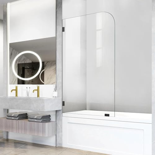 Frameless Bathtub Shower Door, 34 W X 58 H Single Fixed Bath Panel with Clamps, 1/4(6mm) Clear Tempered Glass Bathroom Shower Screen, Bathtub Glass Panel in Matte Black