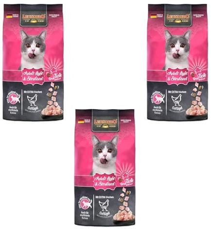 Leonardo Adult Light & Sterilised | 3er Pack | 3 x 300 g | Trockenfutter für ausgewachsene sterilisierte Katzen | Mit Geflügel | Reduzierter Energiegehalt & hoher Eiweißgehalt