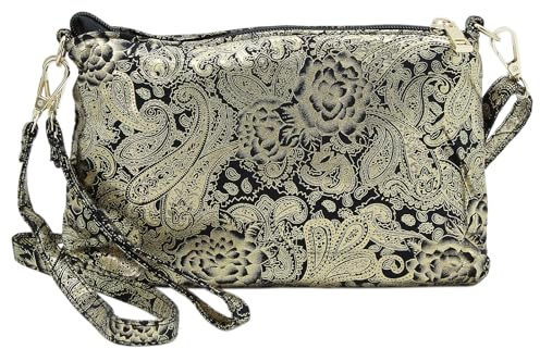 JENNIFER JONES - Kleine Damen Umhängetasche/Handgelenktasche 2 in 1 Clutch Bag abnehmbarer Gurt, Gold Design