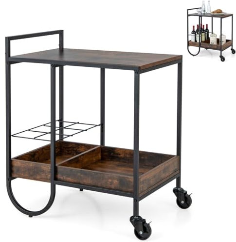 Chariot de rangement mobile avec support à vin, cadre en métal, chariot de service de cuisine sur roulettes pour maison, pub, salle à manger, pieds réglables, idéal pour salon, café, bistrot