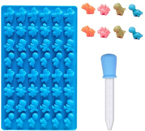 Dinosaur Shapes Silicone Chocolate Molds with 1 Dropper 48-Cavity Candy Gummy Molds Reusable Jelly Moulds for Sweets Candy Chocolate Making Cake Decorations