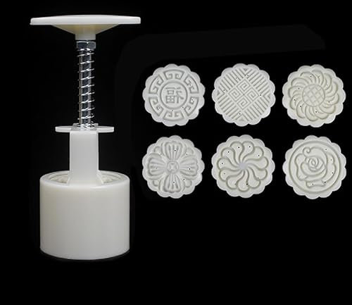 Mooncake Mold Press with 6 Stamps,Mid-Autumn Festival Hand-Pressure Moon Cake Maker,DIY Cookie Cutter 50g/63g/75g Flower Press Mooncake Mould,Mooncake DIY Tools for Baking Cookies