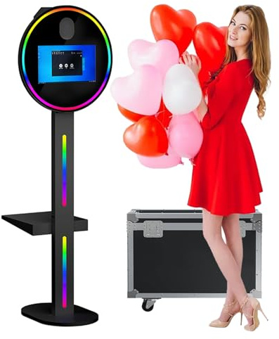 DSLR Photo Booth mit Flightcase, runder 15,6-Zoll-Touchscreen-Selfie-Kiosk-Kamera-Fotoautomat für Party-Events, Mini-PC (8 GB + 128 G) + RGB-Licht,Black