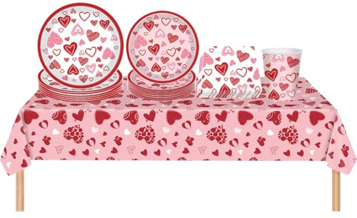 ZOOMPIL 51pieza Vajilla para Fiesta de San Valentín, Platos de San Valentín | 10 Invitados, Plato con Estampado de Corazones, Decoraciones para Fiesta de Chicas