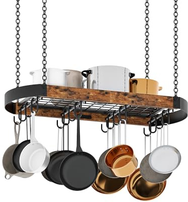 CHOEZON 80 cm hängande grytställ, platsbesparande grythängare för kök, takpanna hängande ställning med 16 avtagbara S-krokar, robust metallram, industriell stil, rustik brun och svart TPR09BF