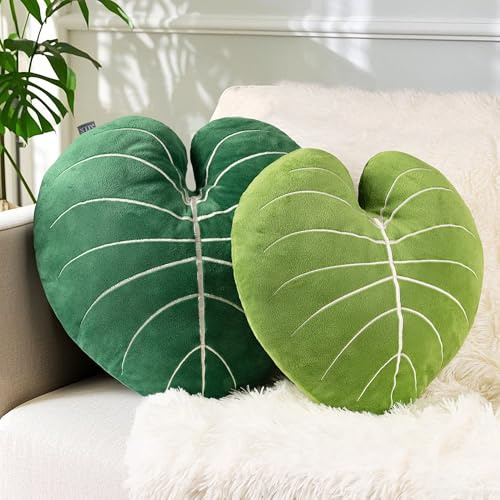 Tone Link. Alocasia Frydek Dekokissen, 3D-Blätter, 48,3 cm und 45,7 cm, weiches Plüschkissen, 2 Stück, für Wohnzimmer, Schlafzimmer, Hellgrün und Dunkelgrün