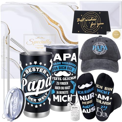Papa Geschenk Vatertagsgeschenk Geburtstagsgeschenk Thermobecher Set | Geschenke für Papa,Kaffeetasse Baseballkappe Socken Grußkarten Schlüsselanhänger,Geschenk zum Vatertag Geburtstag Weihnachten