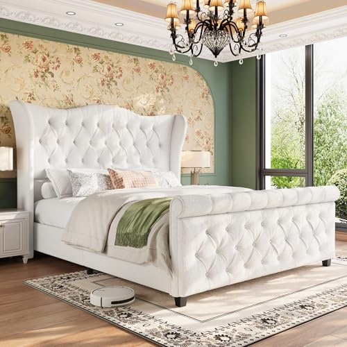 koorlian King Size Platform Bed Frame,Upholstered Sleigh Bed with 51 inch Tall Headboard Footboard,Modern Chenille Bed,Luxury Button Tufted,Sturdy Wood Slats Support,Cream