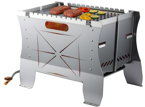 Youyijia Mobiler Gasgrill – Tragbarer Edelstahlgrill mit Stecksystem – Gas & Holzkohlebetrieb–klappbar faltbarer Campinggrill, Inkl. Tragetasche, Perfekt für Camping, Balkon, Garten & Outdoor, Silber