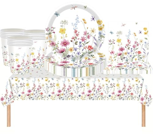 MORAINJAY 53P Floral Party Tableware Set,Wildflowers Spring Party Decorations with Tablecloth,Plates,Cups,Napkins,Summer Flowers Themed Birthday Paper Dinnerware Set Supplies 16 Guests