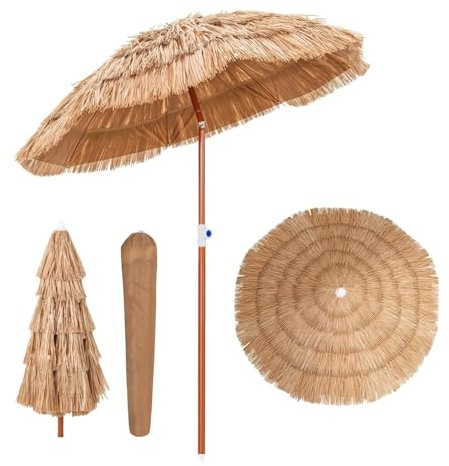 KOMFOTTEU Parasol de Style de Hawaïen, 194 cm de Haut, avec Sac de Transport, Parasol exotique en Paille simulée de riz pliable, idéal pour Jardin, Balcon, Plage, Terrasse, φ155 cm, jaune