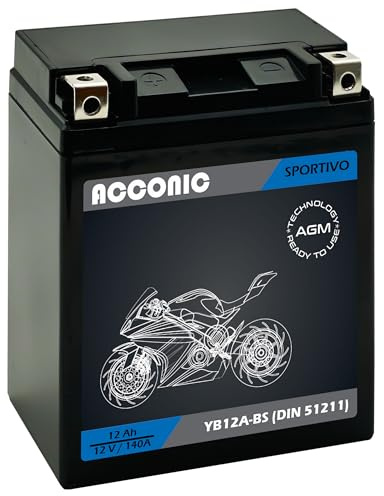 ACCONIC Sportivo AGM YB12A-BS YB12A-A YB12A-B CB12A-A Motorradbatterie 12 Ah 12V 140A DIN 51211 Maße: 134 x 78 x 156 mm ideal für Roller, Moped, Quad & Motorrad – wartungsfrei, & auslaufsicher