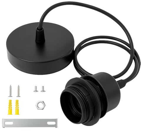 Metal E27 Ceiling Pendant Light Fitting Black E27 Lamp Holder with 100cm Braided Flexible Cable Ceiling Rose Light fitting for Kitchen Living Room Bedroom Dining Room DIY Industrial Pendant Lighting