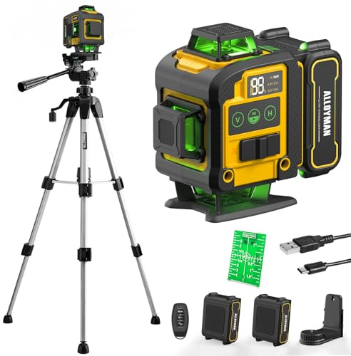 Alloyman Kreuzlinienlaser mit Stativ, 16 Linien Nivellierlaser, 4×360Grad Laser Wasserwaage, Selbstnivellierend 4D Grün Linienlaser Kreuzlaser mit 2 Batteries, IP54, für Innenbereich Baustelle