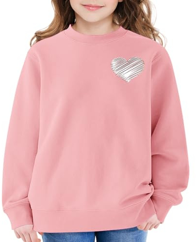 Mjjsk rund hals tröjor för flickor trendig hjärta grafisk tröja barn mode långärmad pullover toppar avslappnad komfort Preppy kläder, Rosa, 3-4 Years