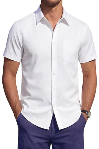 HISDERN Camicia Uomo Manica Corta Elasticizzata Non Stiro Regular Fit Elegante Estiva Business Casual da Lavoro con Taschino Bianco XL